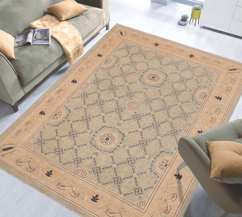 handmade Transitional Kafkaz Green Tan Hand Knotted RECTANGLE 100% WOOL area rug 9' x 12'