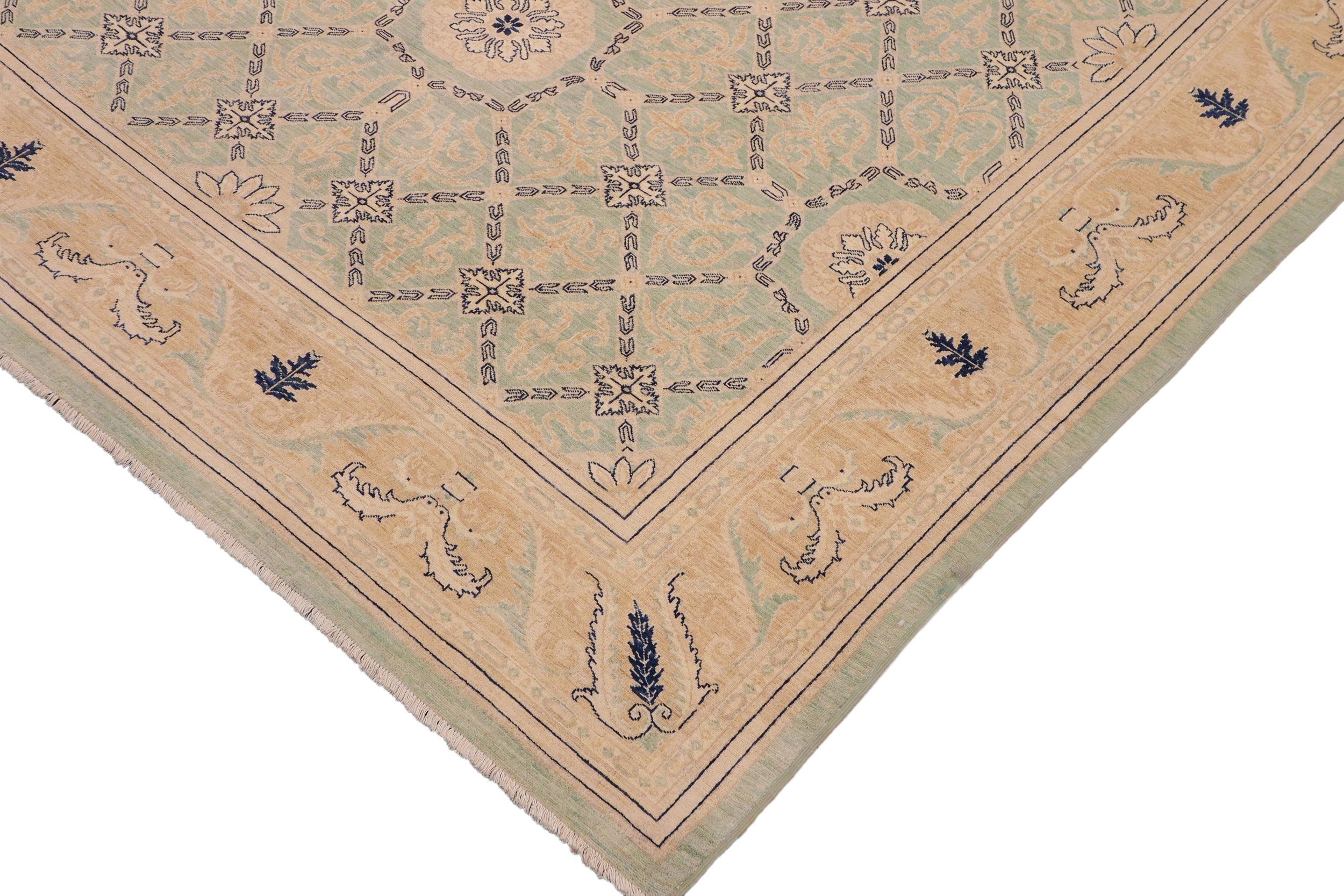 handmade Transitional Kafkaz Green Tan Hand Knotted RECTANGLE 100% WOOL area rug 9' x 12'