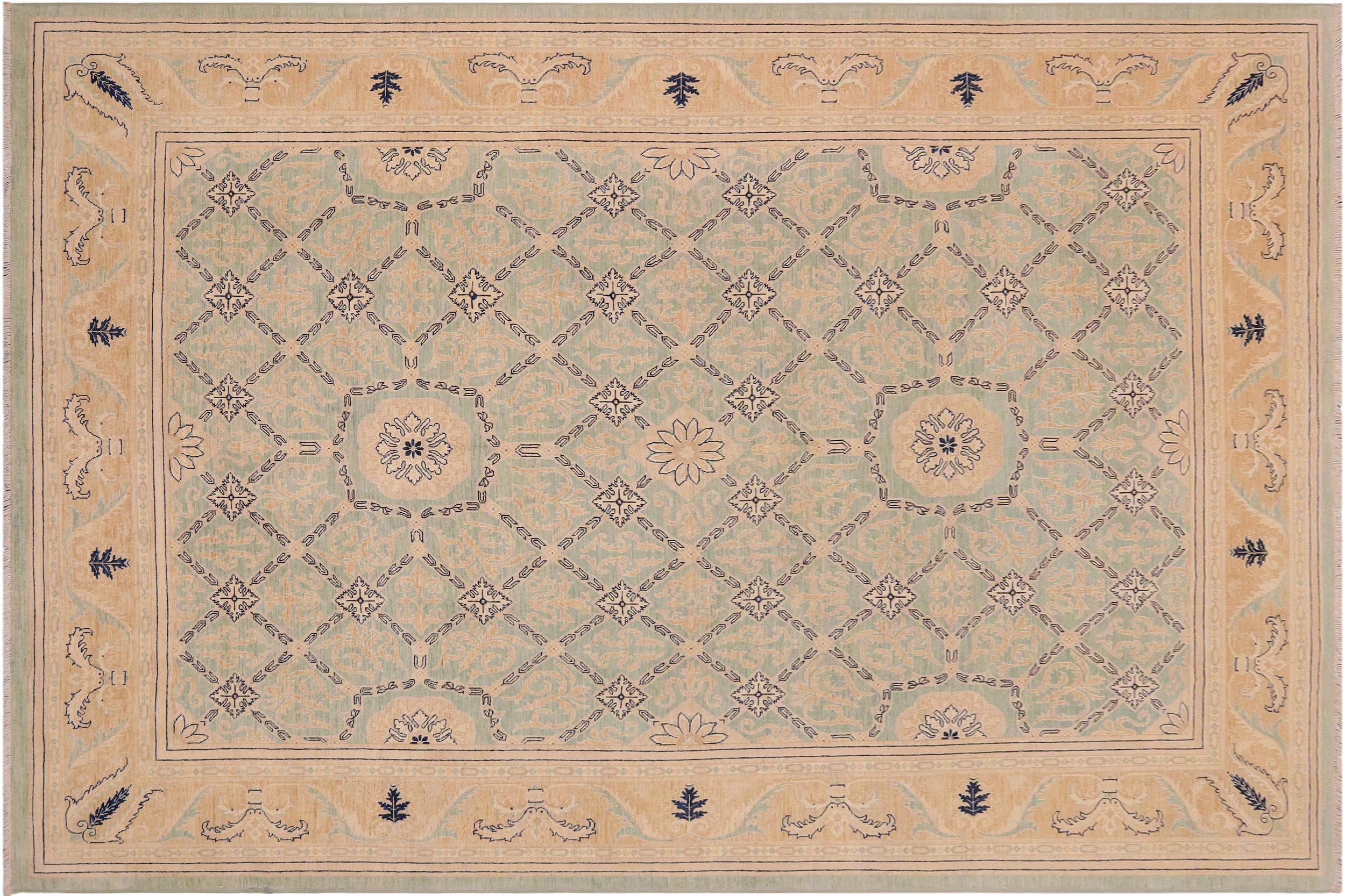 handmade Transitional Kafkaz Green Tan Hand Knotted RECTANGLE 100% WOOL area rug 9' x 12'