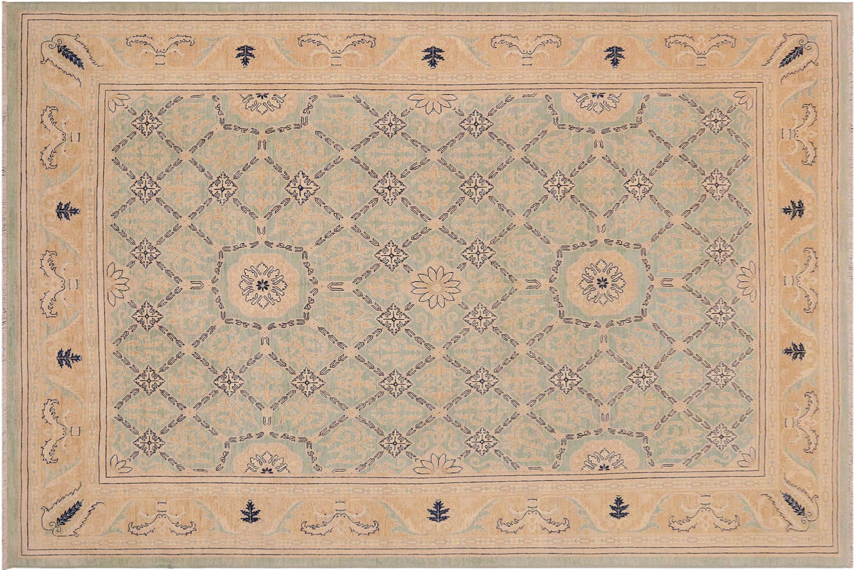 handmade Transitional Kafkaz Green Tan Hand Knotted RECTANGLE 100% WOOL area rug 9' x 12'