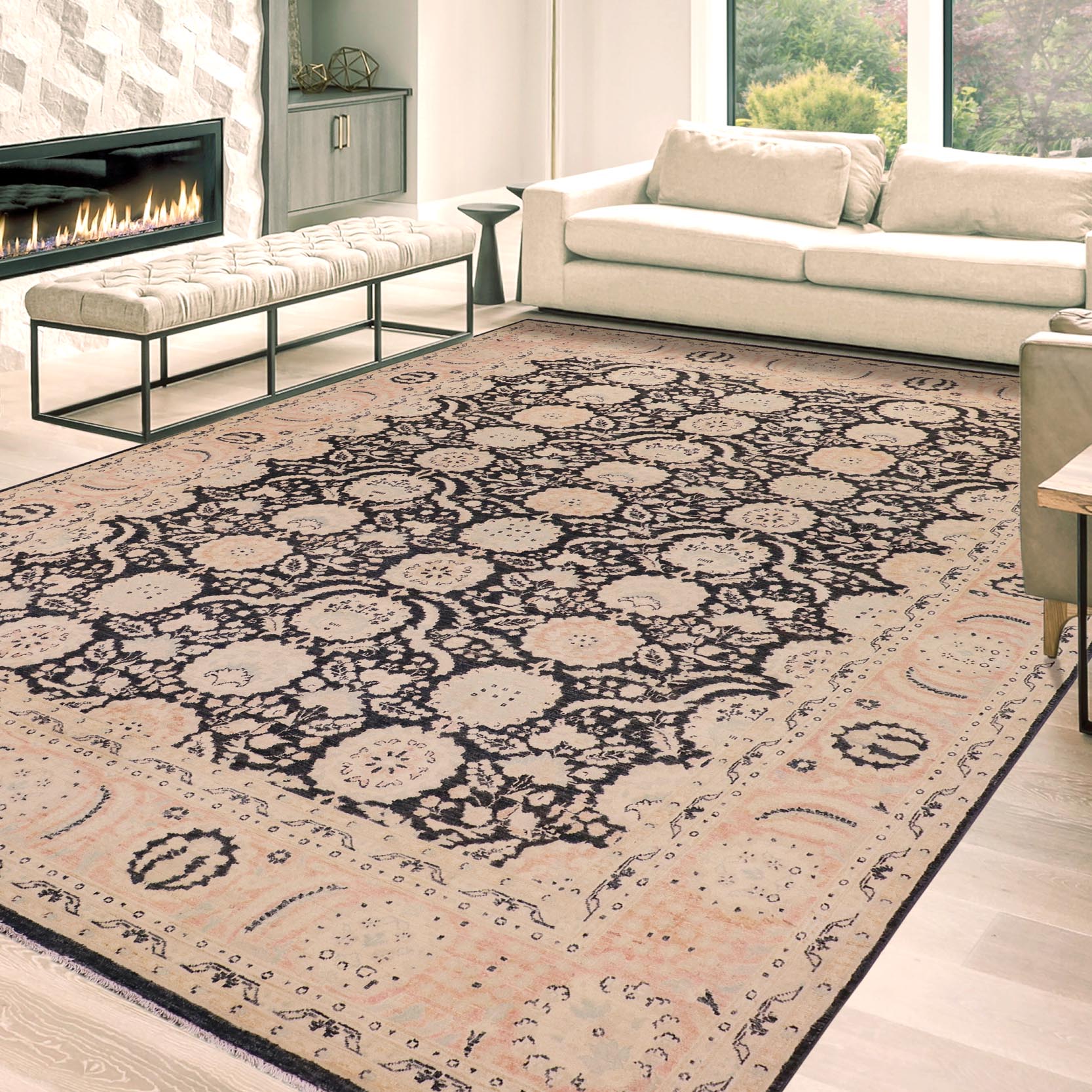 handmade Transitional Lahore Charcoal Pink Hand Knotted RECTANGLE 100% WOOL area rug 9' x 12'