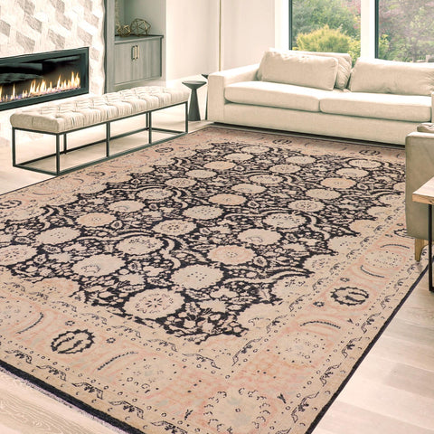 handmade Transitional Lahore Charcoal Pink Hand Knotted RECTANGLE 100% WOOL area rug 9' x 12'