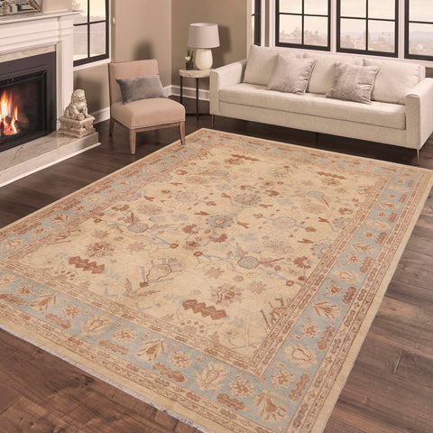 handmade Traditional Kafkaz Beige Blue Hand Knotted RECTANGLE 100% WOOL area rug 9x11