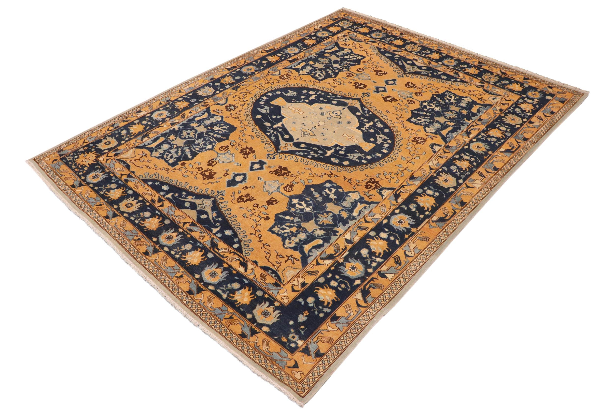 handmade Traditional Kafkaz Orange Blue Hand Knotted RECTANGLE 100% WOOL area rug 9' x 12'