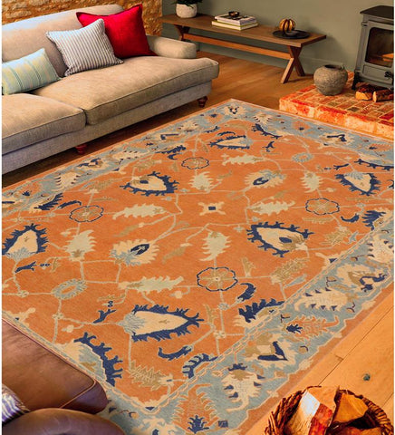 handmade Traditional Kafkaz Orange Blue Hand Knotted RECTANGLE 100% WOOL area rug 9X12