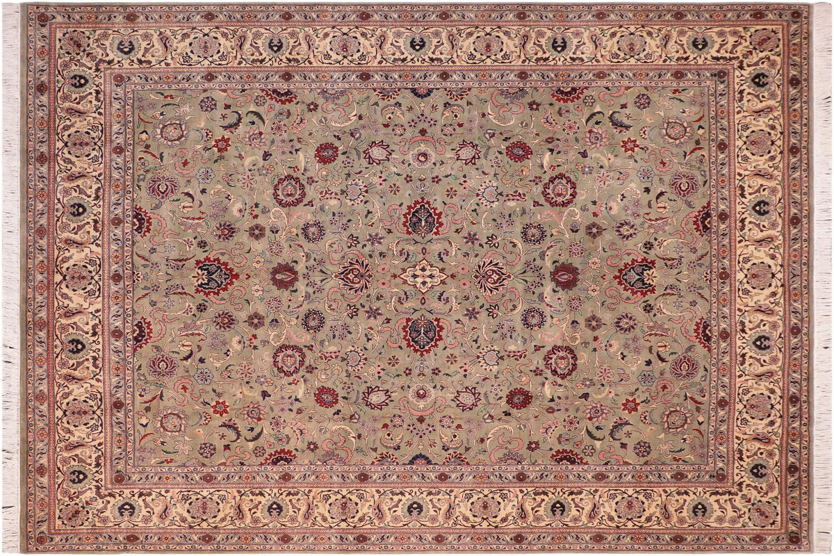 handmade Traditional Abasi Afsha Green Beige Hand Knotted RECTANGLE 100% WOOL area rug 8x10