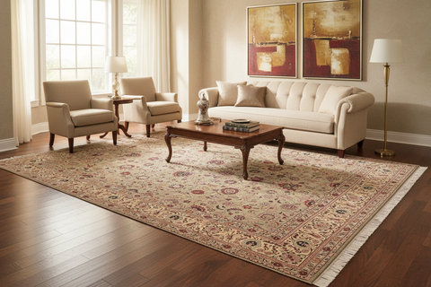 handmade Traditional Abasi Afsha Green Beige Hand Knotted RECTANGLE 100% WOOL area rug 8x10