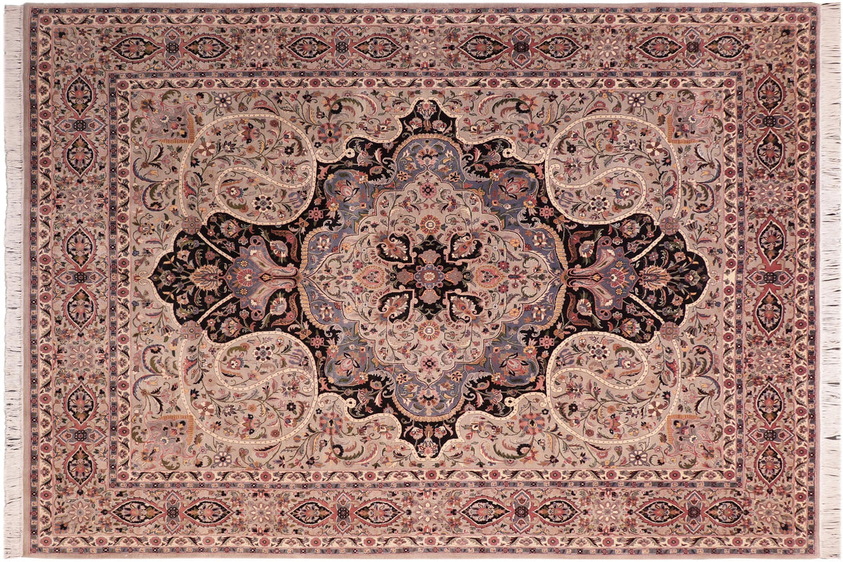 handmade Traditional Chugtai Taupe Black Hand Knotted RECTANGLE 100% WOOL area rug 8x10