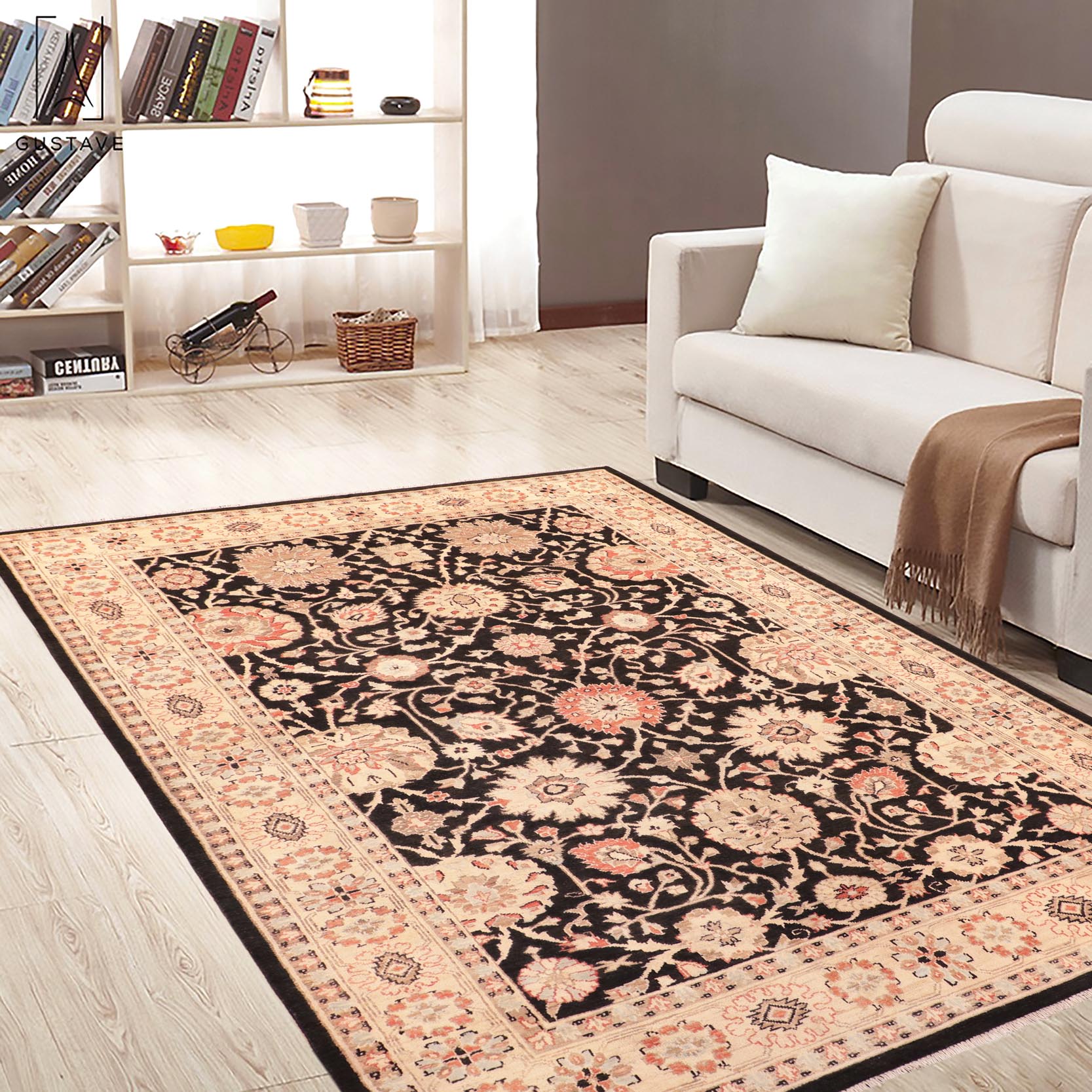 handmade Traditional Lahore Black Beige Hand Knotted RECTANGLE 100% WOOL area rug 6x9