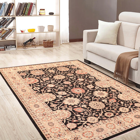 handmade Traditional Lahore Black Beige Hand Knotted RECTANGLE 100% WOOL area rug 6x9