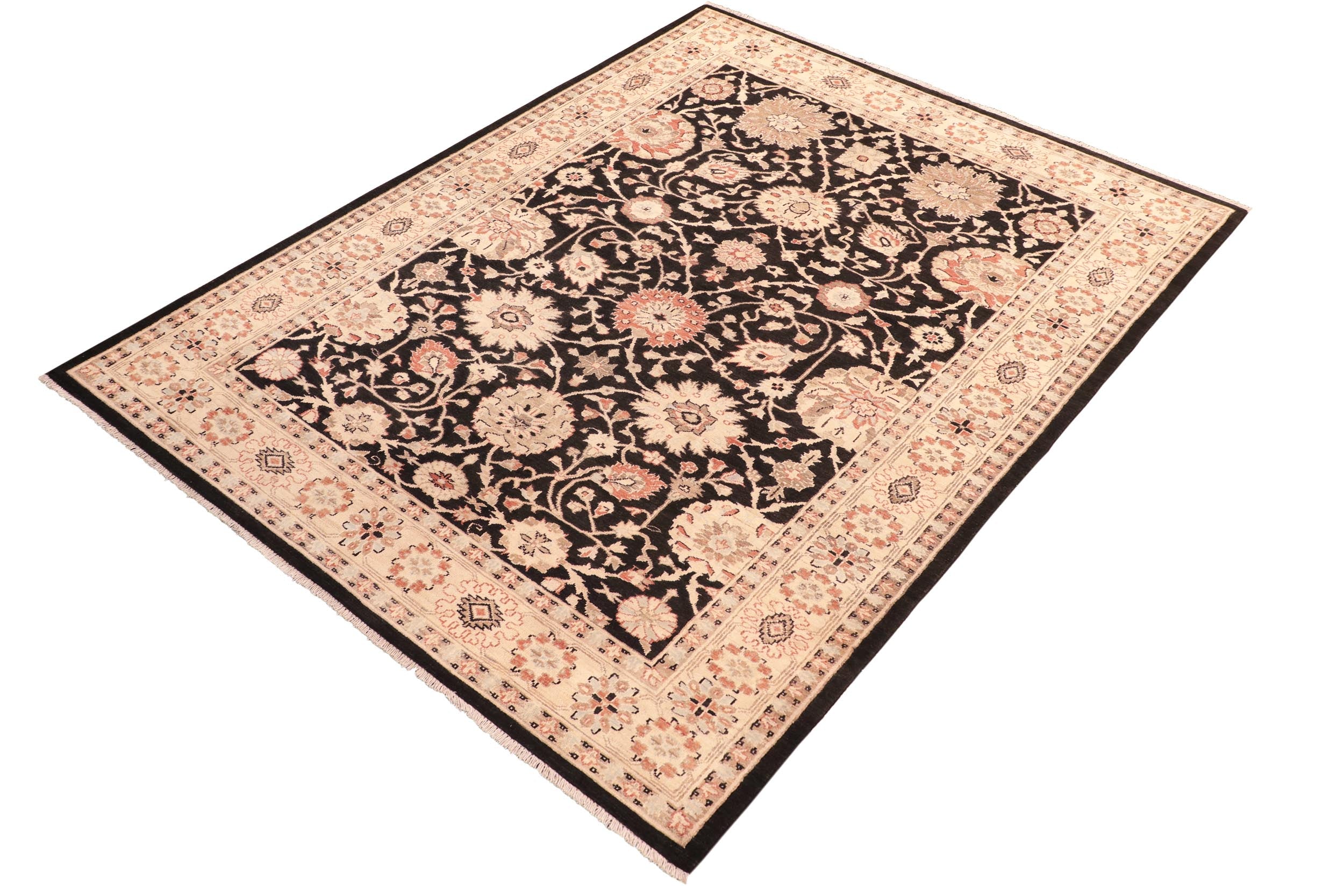 handmade Traditional Lahore Black Beige Hand Knotted RECTANGLE 100% WOOL area rug 6x9