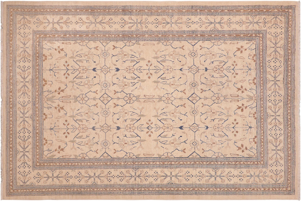 handmade Transitional Kafkaz Tan Blue Hand Knotted RECTANGLE 100% WOOL area rug 6' x 9'