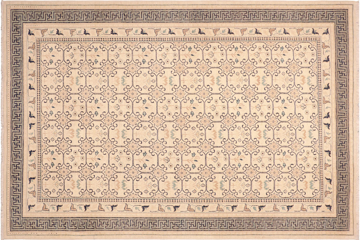 handmade Transitional Kafkaz Beige Green Hand Knotted RECTANGLE 100% WOOL area rug 6' x 9'