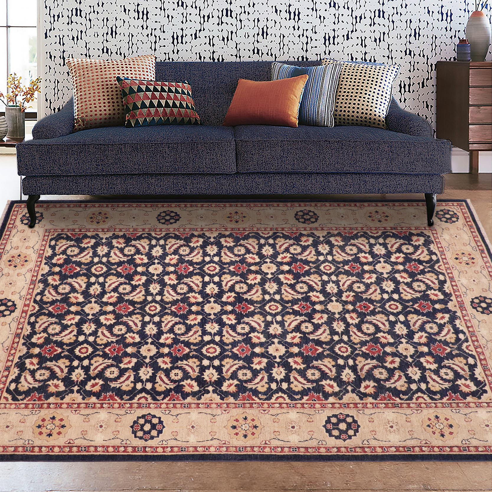 handmade Transitional Kafkaz Blue Tan Hand Knotted RECTANGLE 100% WOOL area rug 6' x 9'