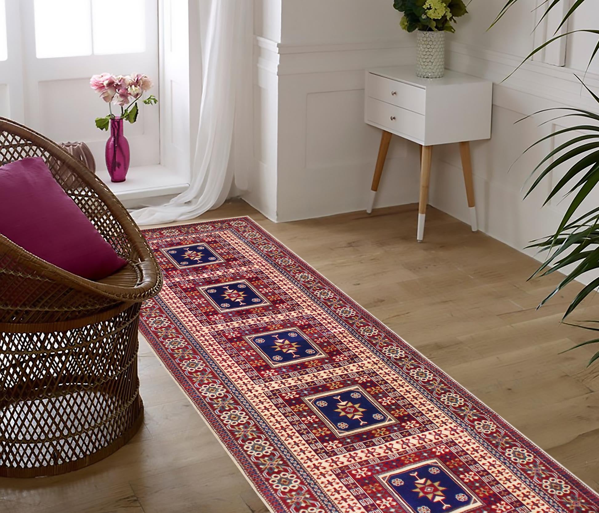 handmade Geometric Sherwan Red Blue Hand Knotted RUNNER 100% WOOL area rug 3x11