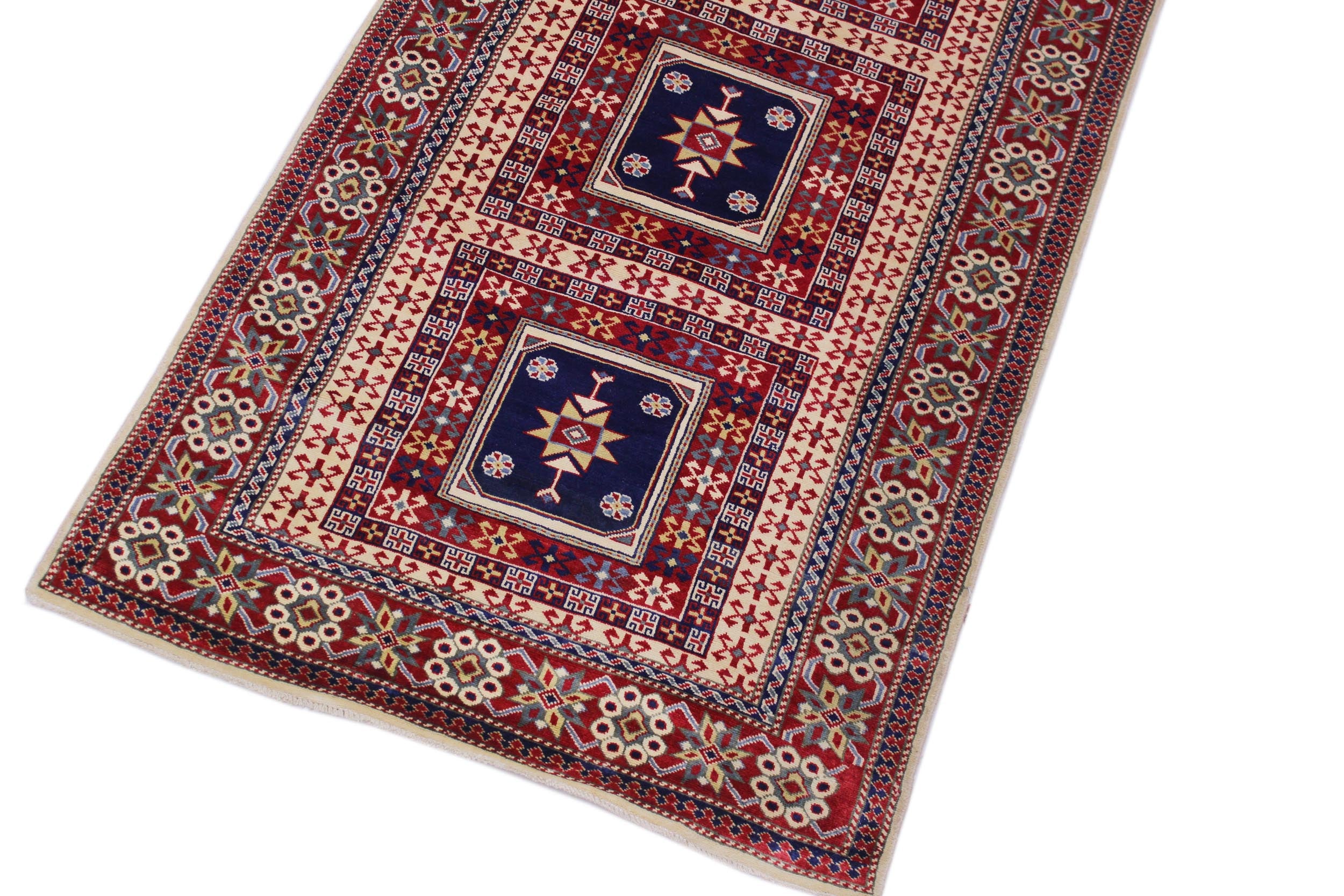 handmade Geometric Sherwan Red Blue Hand Knotted RUNNER 100% WOOL area rug 3x11
