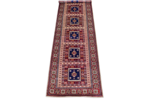 handmade Geometric Sherwan Red Blue Hand Knotted RUNNER 100% WOOL area rug 3x11