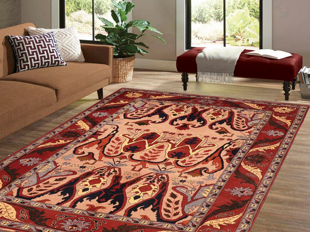 handmade Geometric Kargahi Tan Rust Hand Knotted RECTANGLE 100% WOOL area rug 6x9