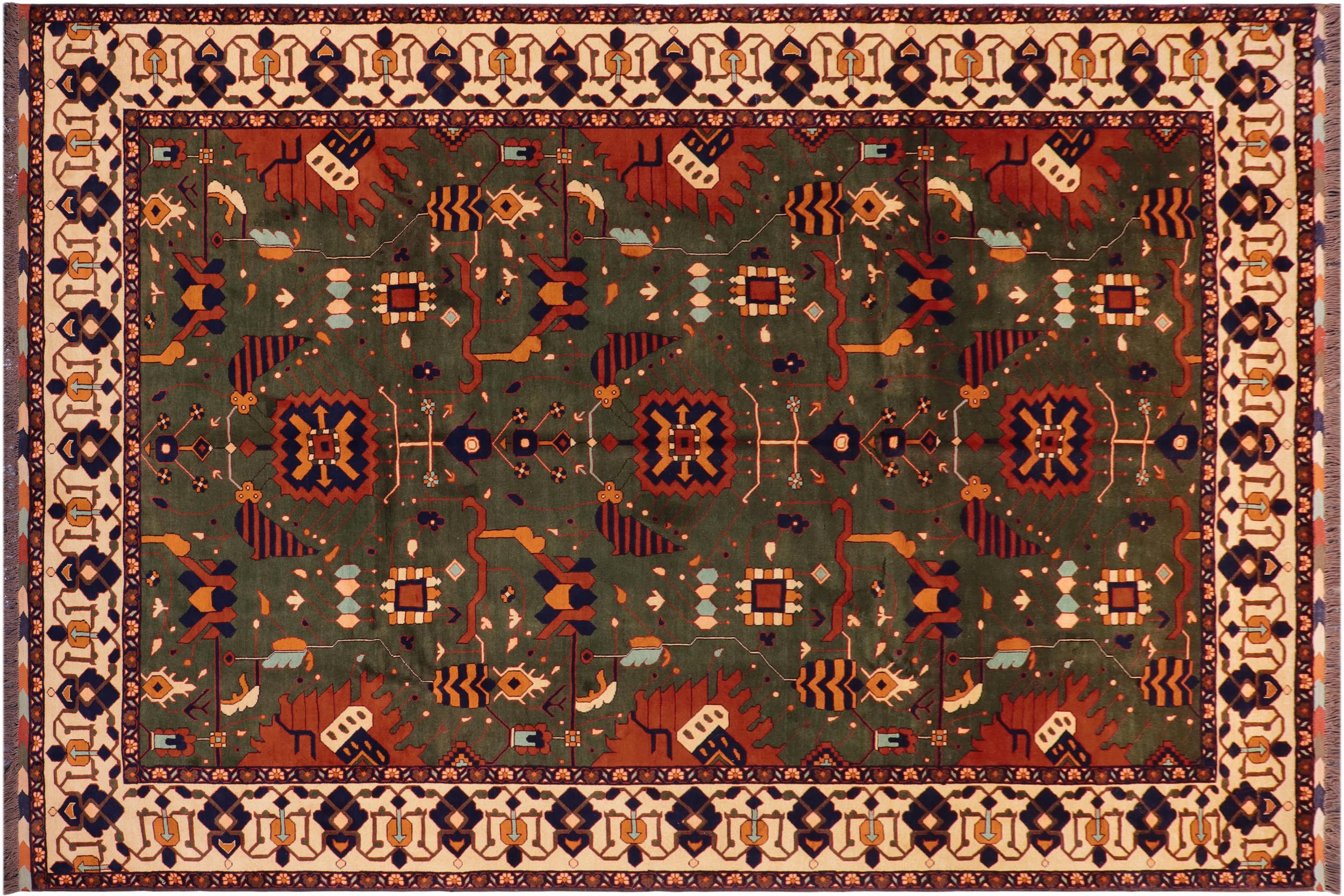 handmade Geometric Kargahi Green Beige Hand Knotted RECTANGLE 100% WOOL area rug 9' x 12'