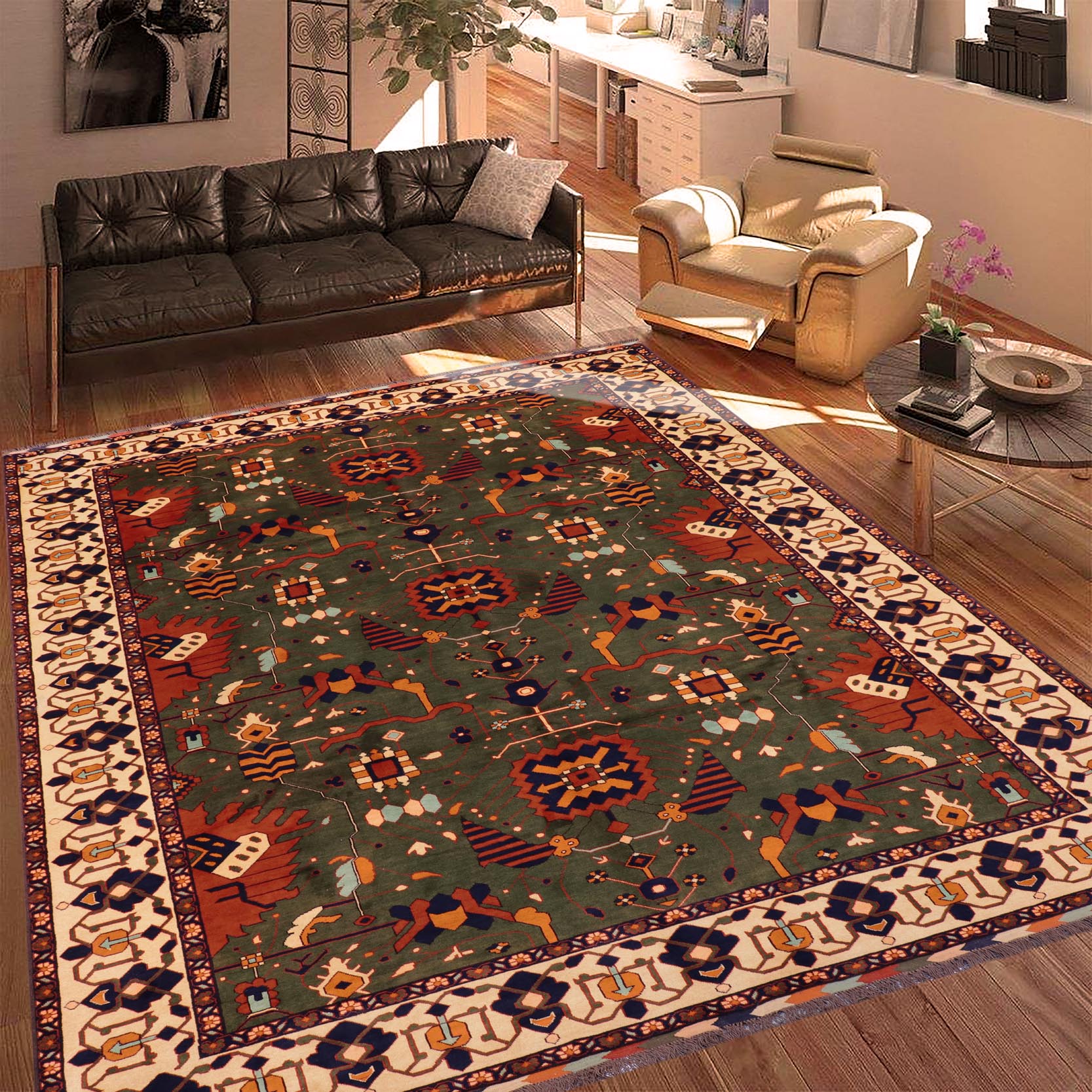 handmade Geometric Kargahi Green Beige Hand Knotted RECTANGLE 100% WOOL area rug 9' x 12'