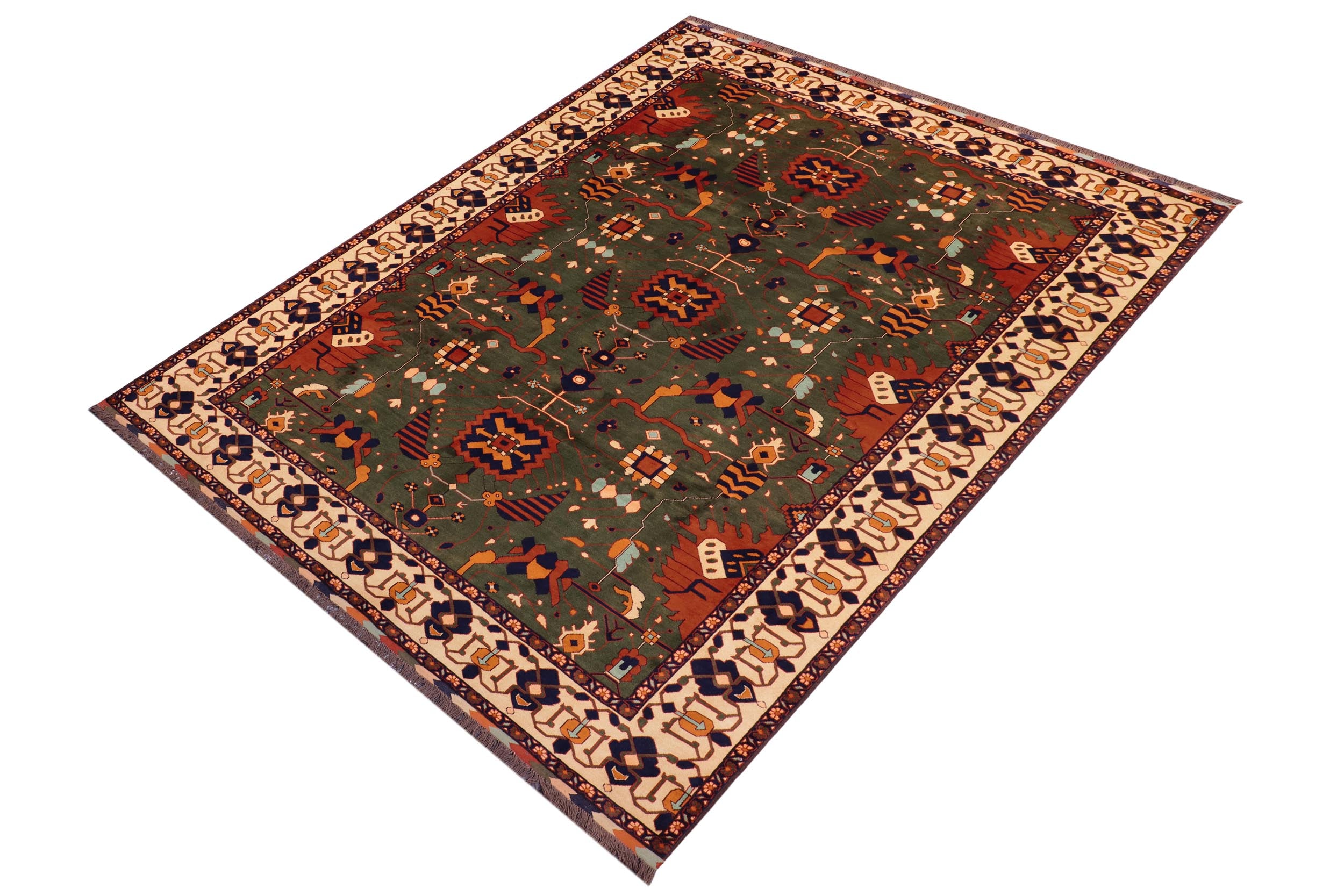 handmade Geometric Kargahi Green Beige Hand Knotted RECTANGLE 100% WOOL area rug 9' x 12'