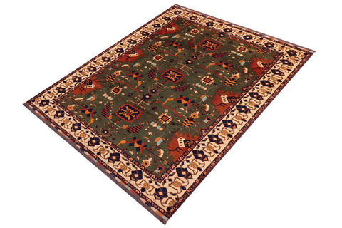 handmade Geometric Kargahi Green Beige Hand Knotted RECTANGLE 100% WOOL area rug 9' x 12'