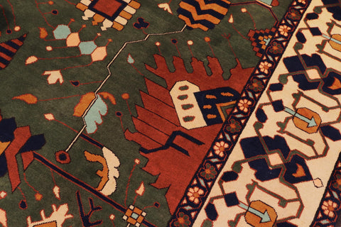 handmade Geometric Kargahi Green Beige Hand Knotted RECTANGLE 100% WOOL area rug 9' x 12'