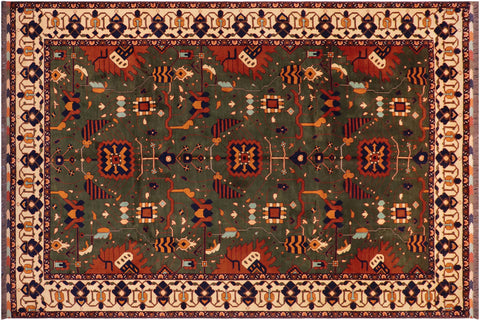 handmade Geometric Kargahi Green Beige Hand Knotted RECTANGLE 100% WOOL area rug 9' x 12'