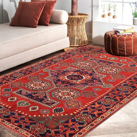 handmade Geometric Kargahi Rust Blue Hand Knotted RECTANGLE 100% WOOL area rug 6' x 9'