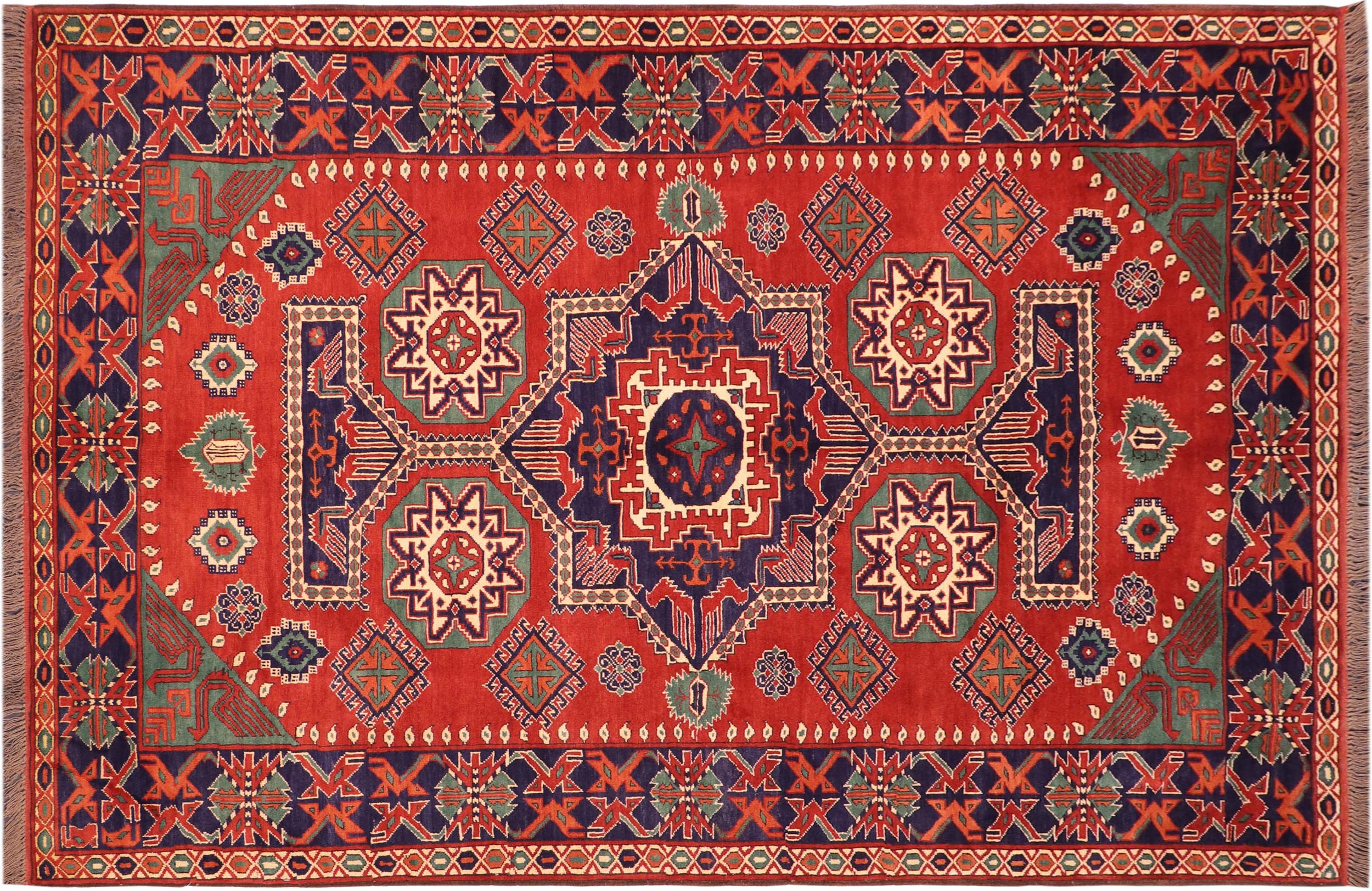 handmade Geometric Kargahi Rust Blue Hand Knotted RECTANGLE 100% WOOL area rug 6' x 9'