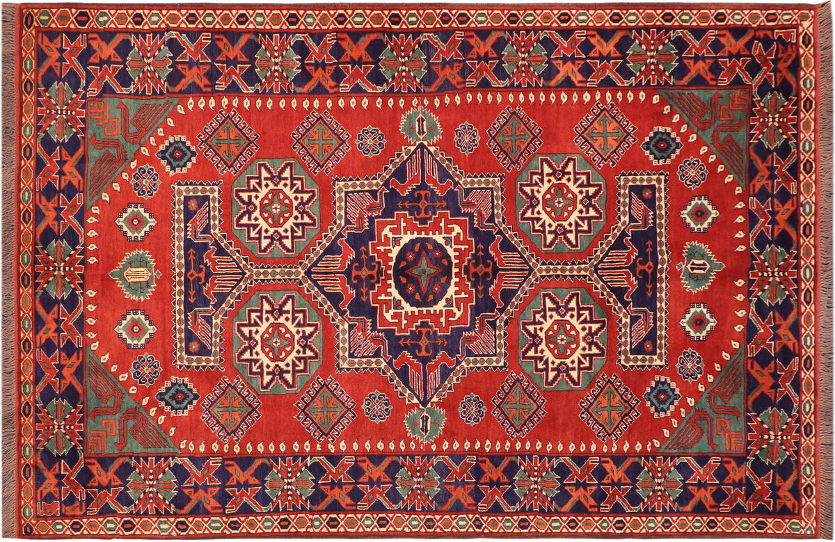 handmade Geometric Kargahi Rust Blue Hand Knotted RECTANGLE 100% WOOL area rug 6' x 9'