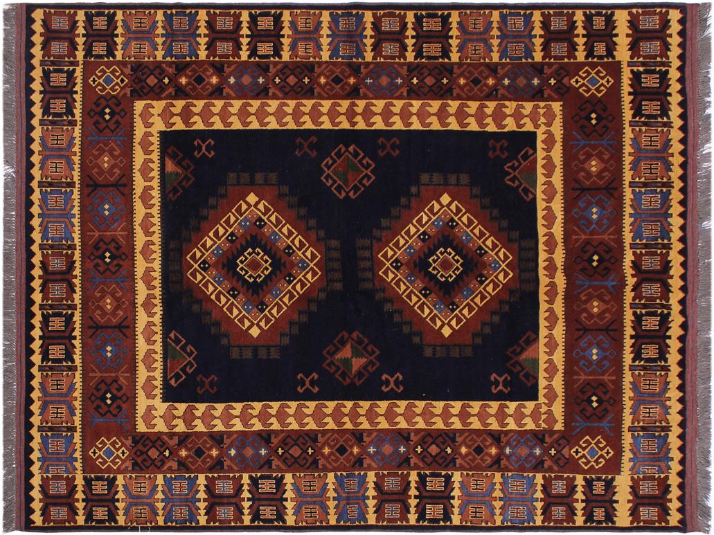 handmade Geometric Kargahi Blue Gold Hand Knotted RECTANGLE 100% WOOL area rug 6x10