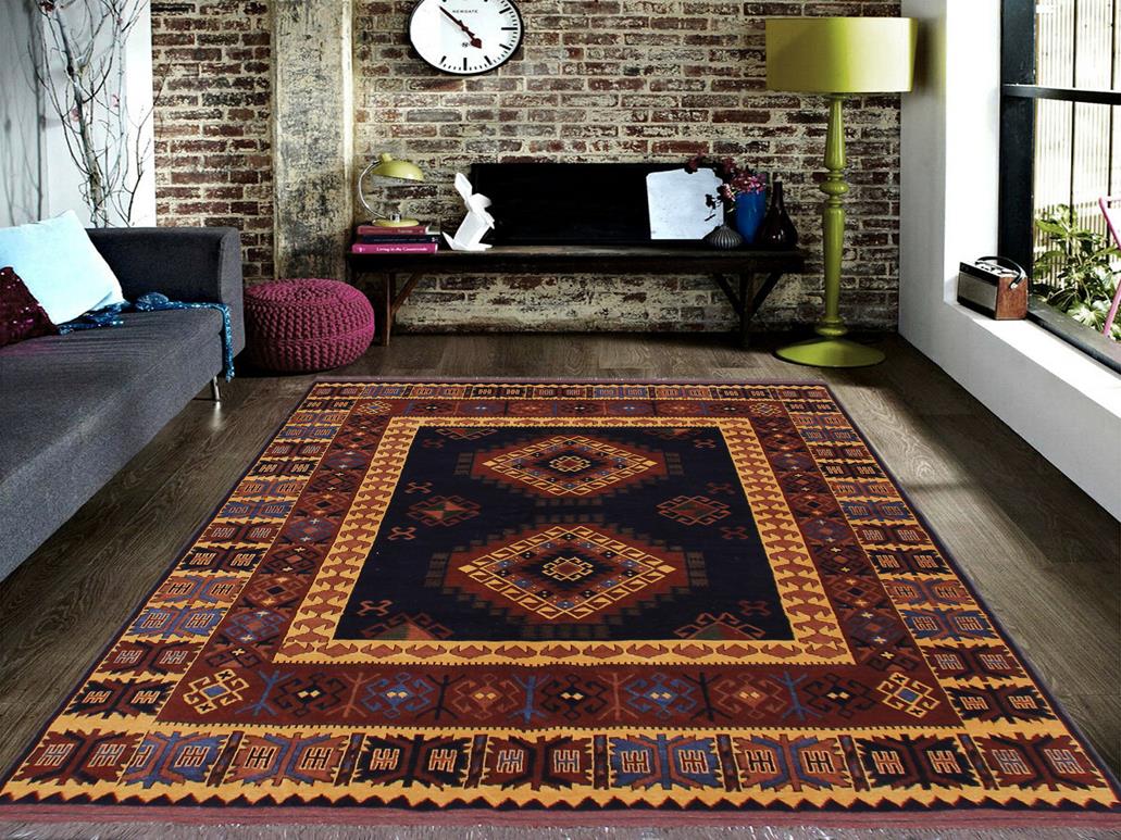 handmade Geometric Kargahi Blue Gold Hand Knotted RECTANGLE 100% WOOL area rug 6x10