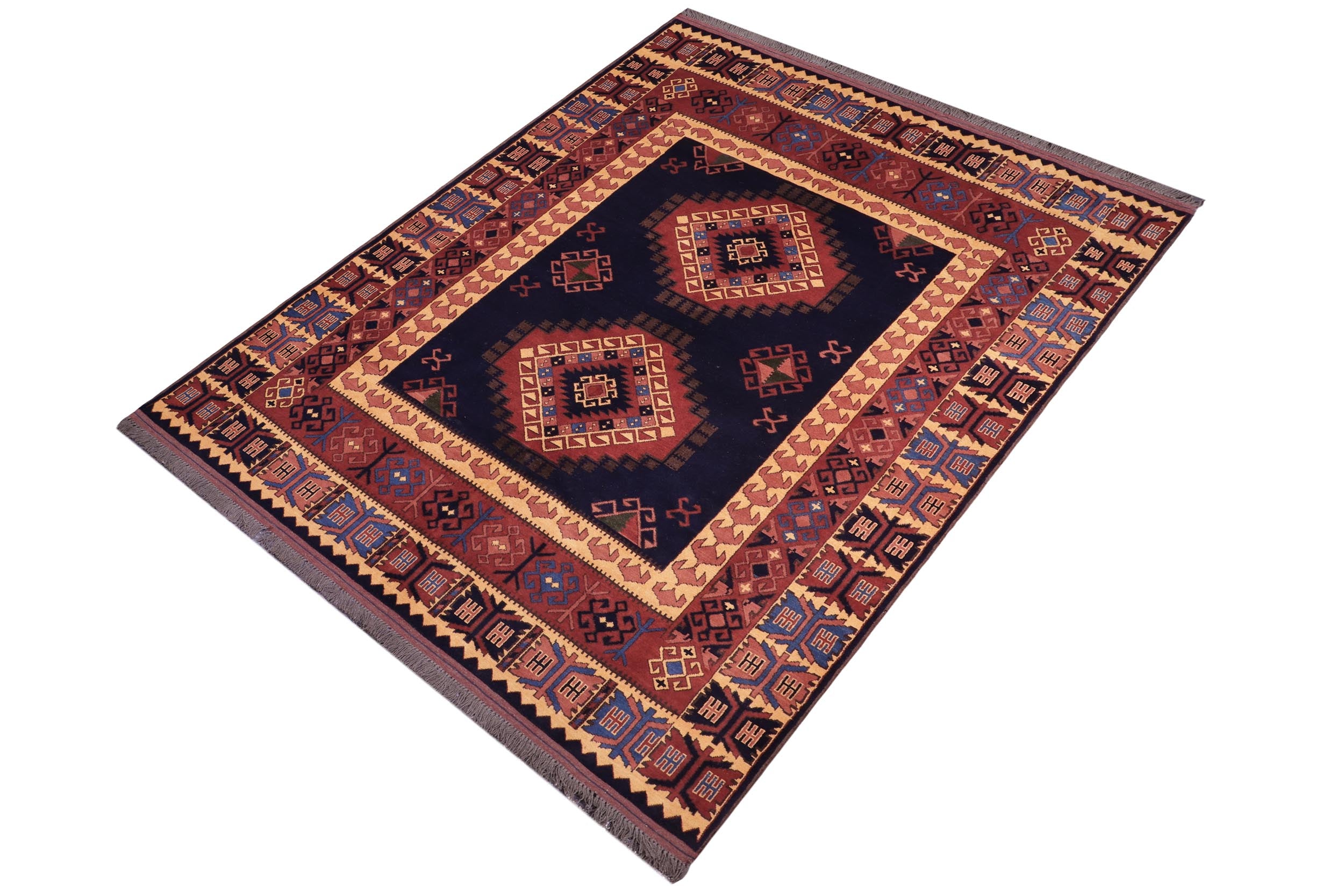 handmade Geometric Kargahi Blue Gold Hand Knotted RECTANGLE 100% WOOL area rug 6' x 10'