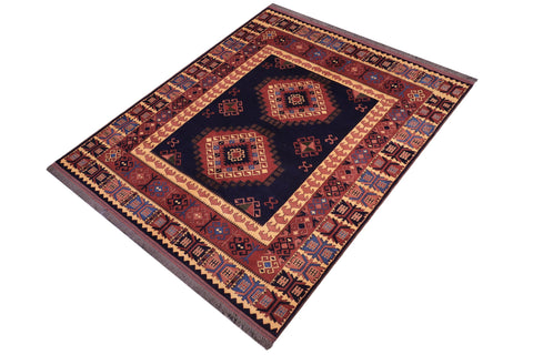 handmade Geometric Kargahi Blue Gold Hand Knotted RECTANGLE 100% WOOL area rug 6' x 10'