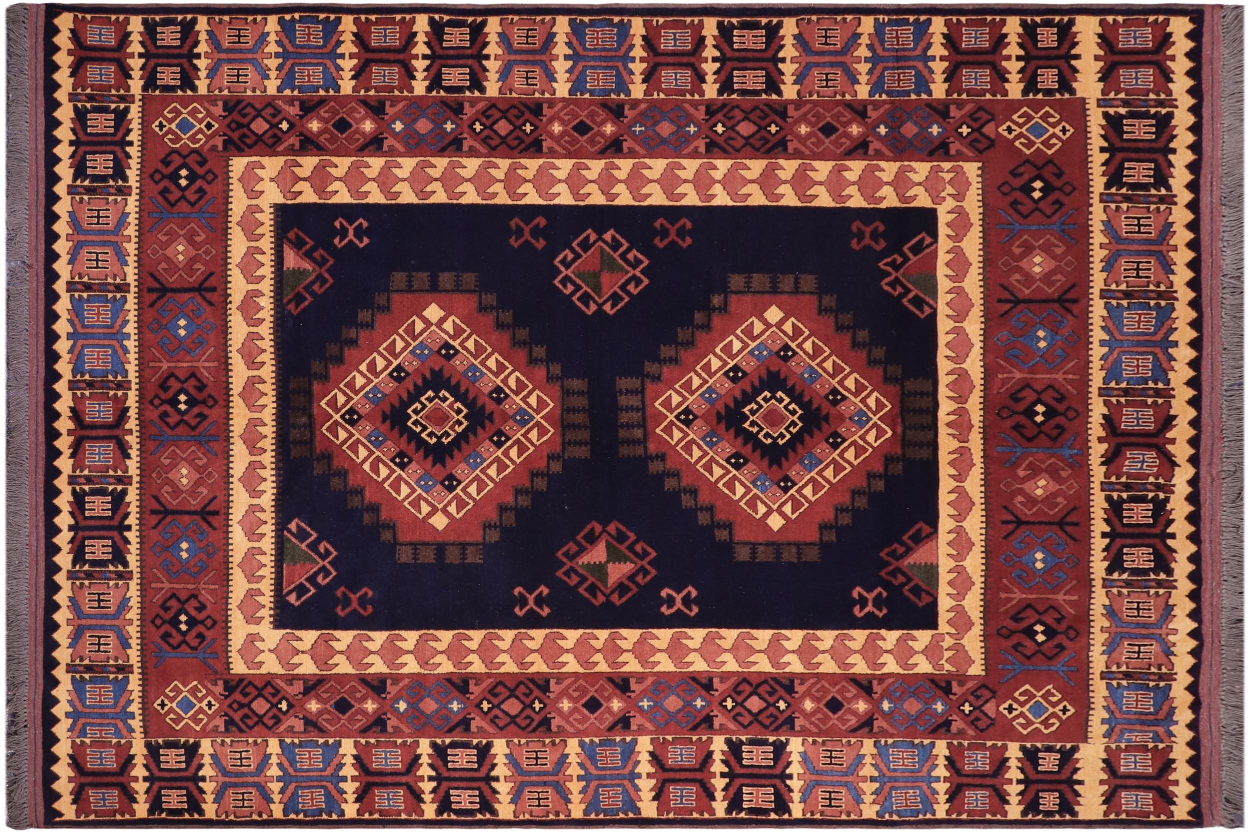 handmade Geometric Kargahi Blue Gold Hand Knotted RECTANGLE 100% WOOL area rug 6' x 10'