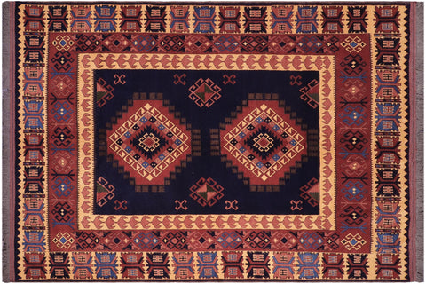 handmade Geometric Kargahi Blue Gold Hand Knotted RECTANGLE 100% WOOL area rug 6' x 10'