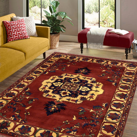 handmade Geometric Kargahi Rust Gold Hand Knotted RECTANGLE 100% WOOL area rug 7' x 10'