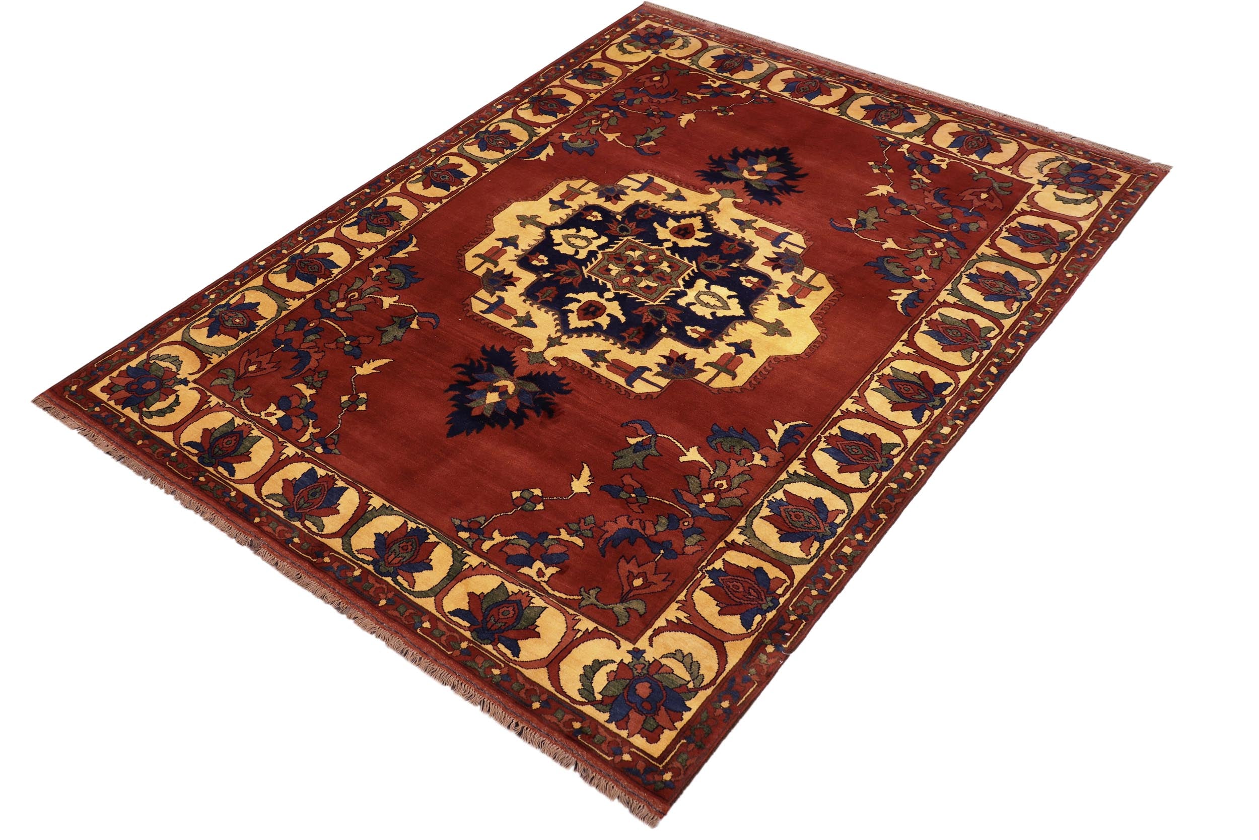 handmade Geometric Kargahi Rust Gold Hand Knotted RECTANGLE 100% WOOL area rug 7' x 10'