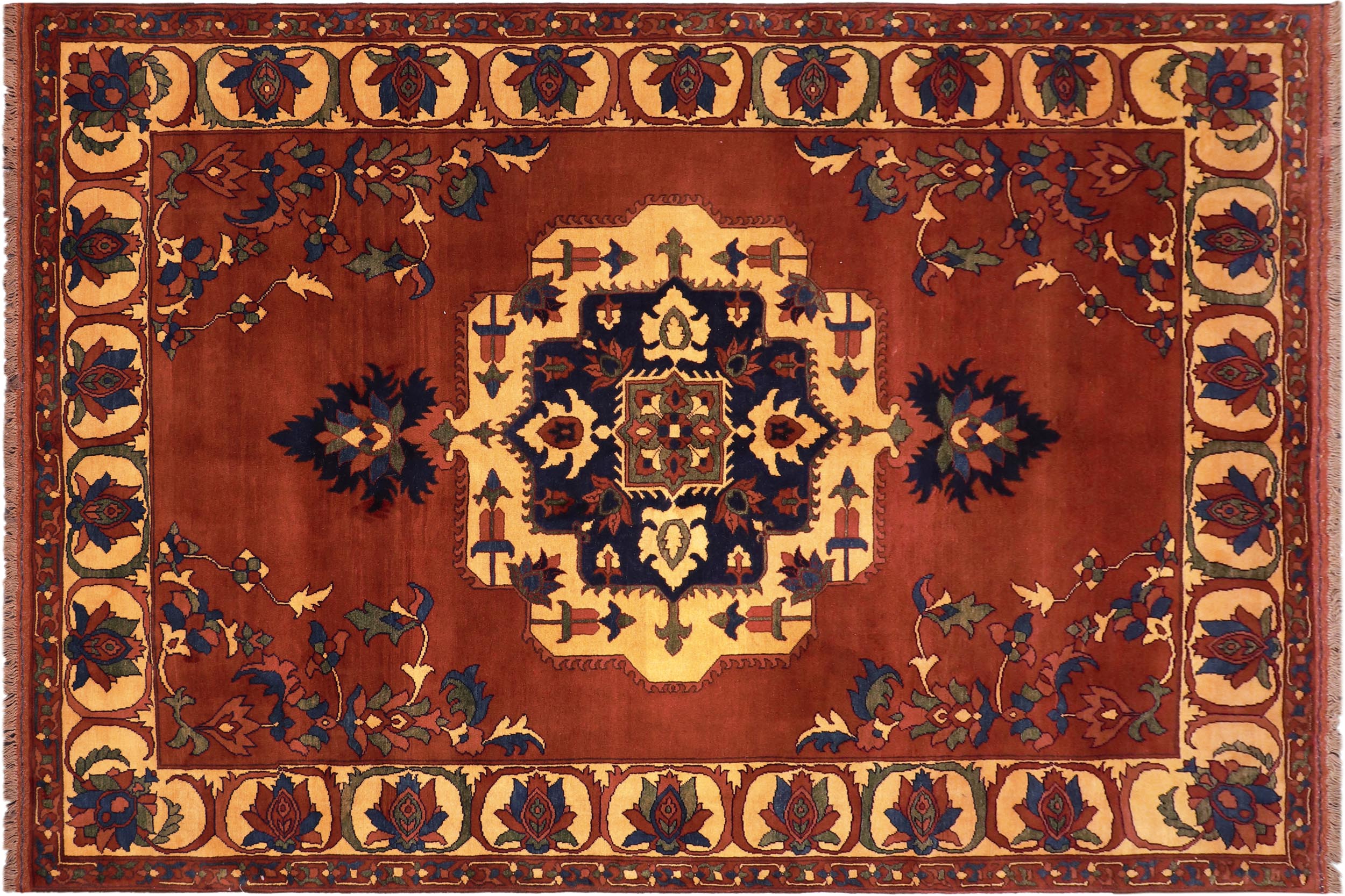 handmade Geometric Kargahi Rust Gold Hand Knotted RECTANGLE 100% WOOL area rug 7' x 10'