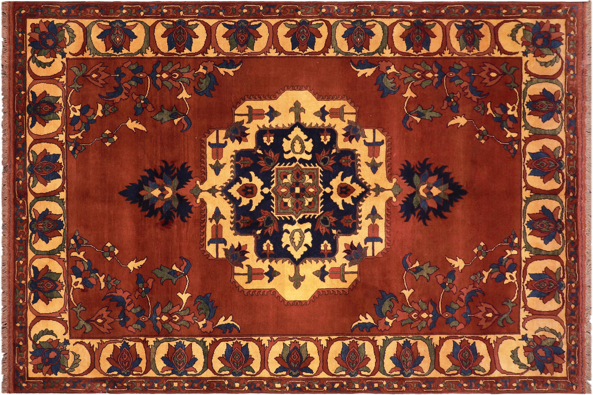 handmade Geometric Kargahi Rust Gold Hand Knotted RECTANGLE 100% WOOL area rug 7' x 10'