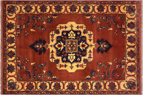 handmade Geometric Kargahi Rust Gold Hand Knotted RECTANGLE 100% WOOL area rug 7' x 10'
