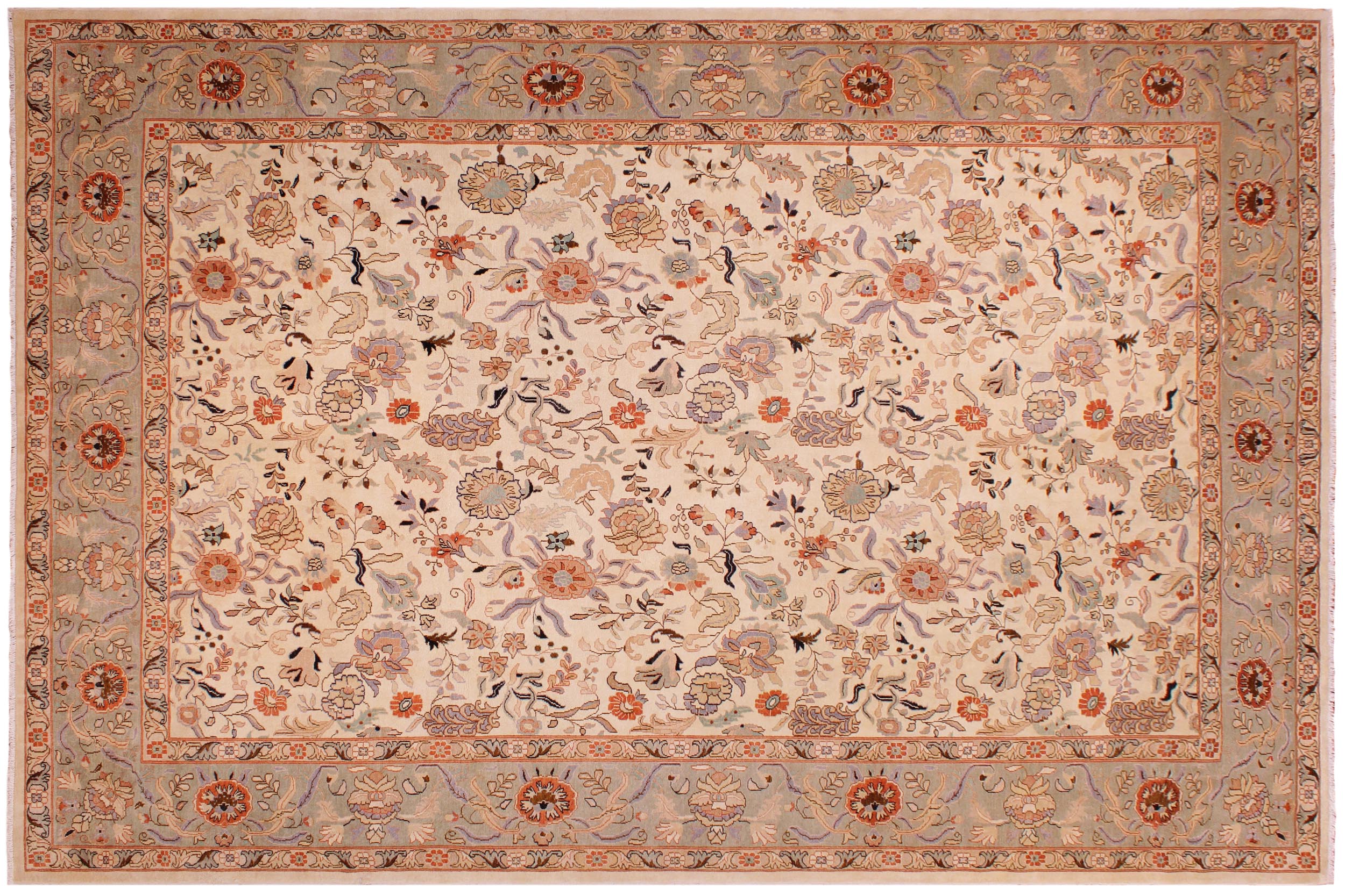 handmade Traditional Lahore Ivory Lt. Green Hand Knotted RECTANGLE 100% WOOL area rug 9' x 12'