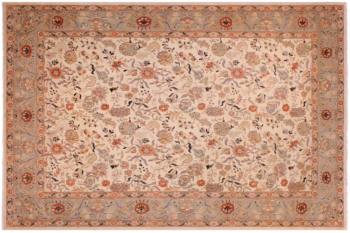handmade Traditional Lahore Ivory Lt. Green Hand Knotted RECTANGLE 100% WOOL area rug 9' x 12'