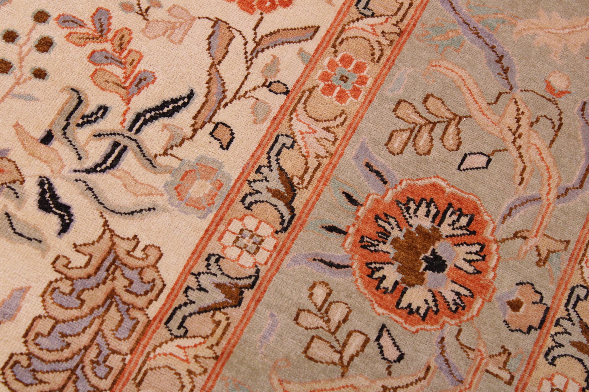 handmade Traditional Lahore Ivory Lt. Green Hand Knotted RECTANGLE 100% WOOL area rug 9' x 12'