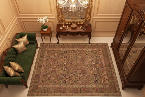 handmade Transitional Tabriz Green Beige Hand Knotted RECTANGLE 100% WOOL area rug 8x10