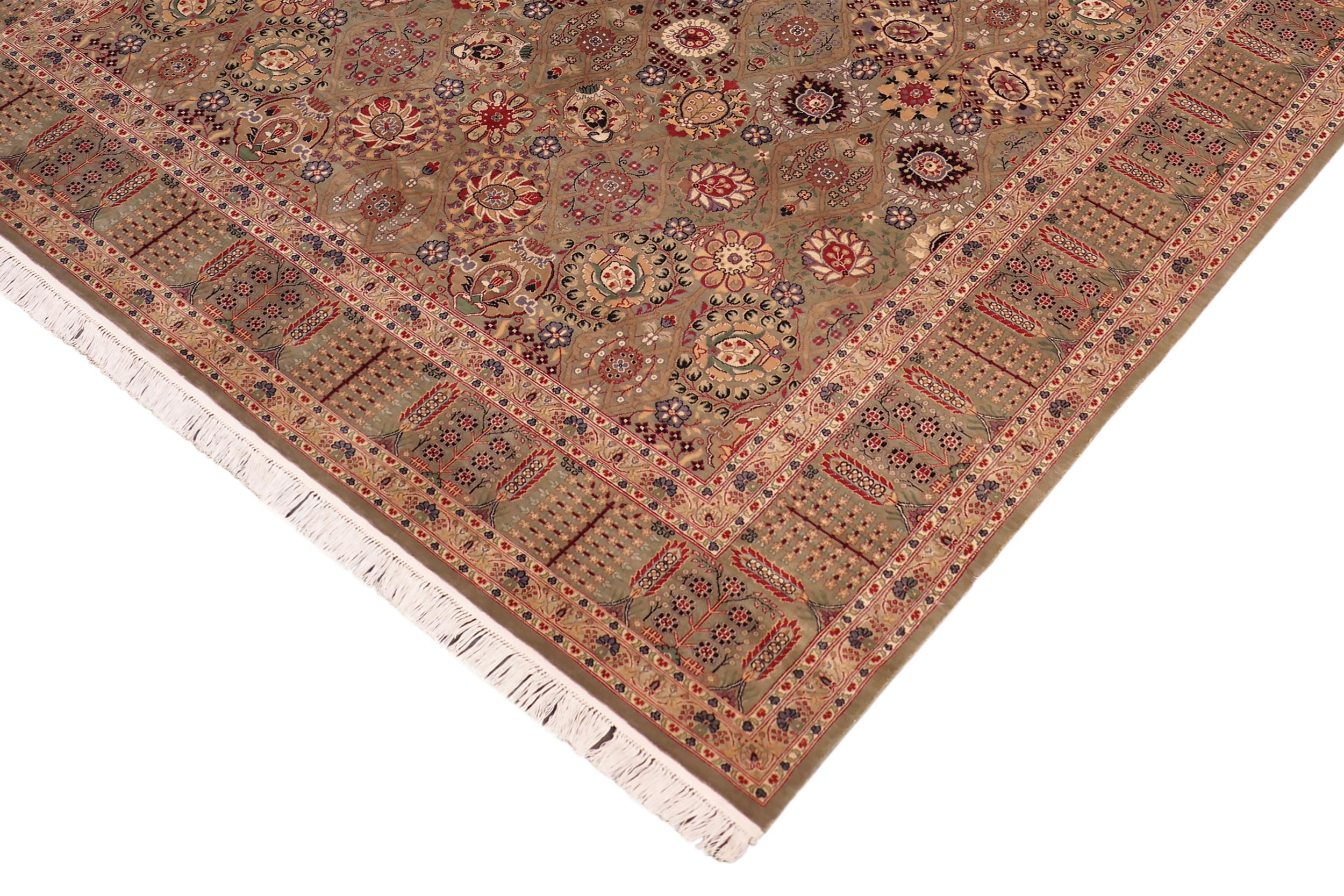 handmade Transitional Tabriz Green Beige Hand Knotted RECTANGLE 100% WOOL area rug 8x10