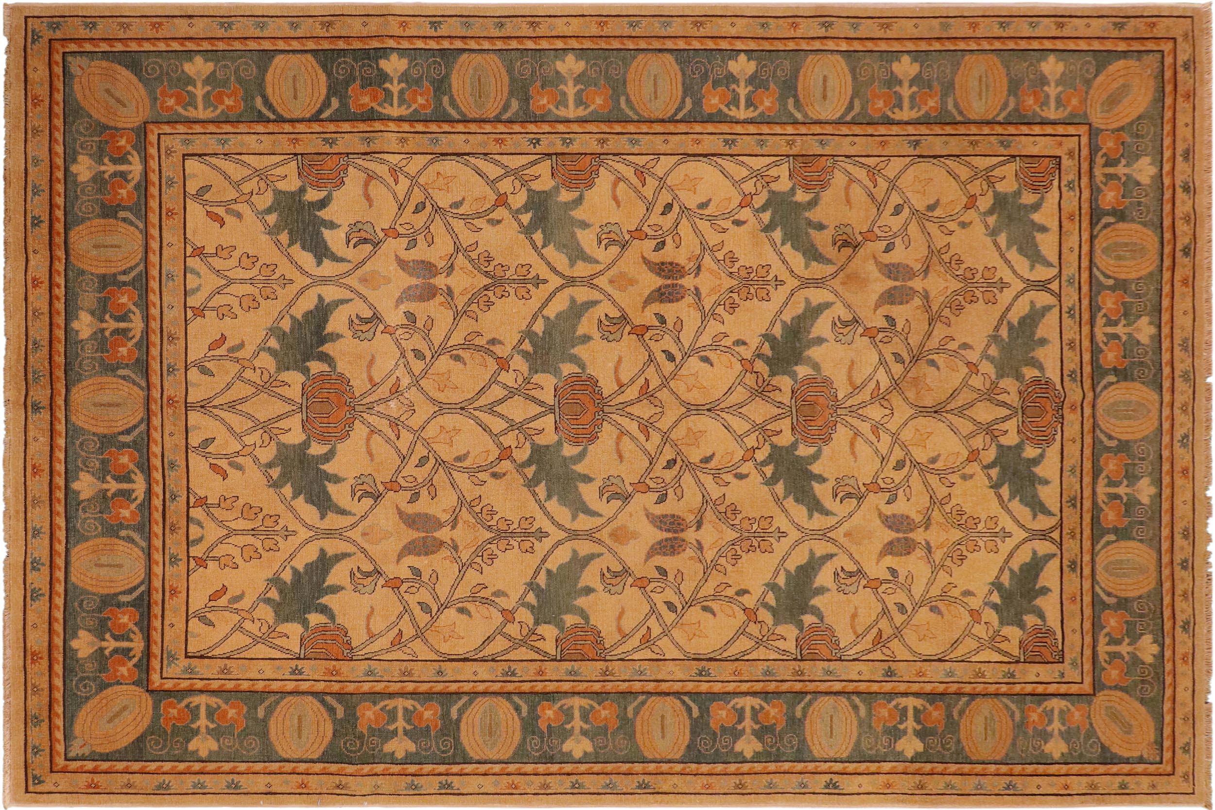 handmade Transitional Antique Tan Drk.green Hand Knotted RECTANGLE 100% WOOL area rug 7' x 10'