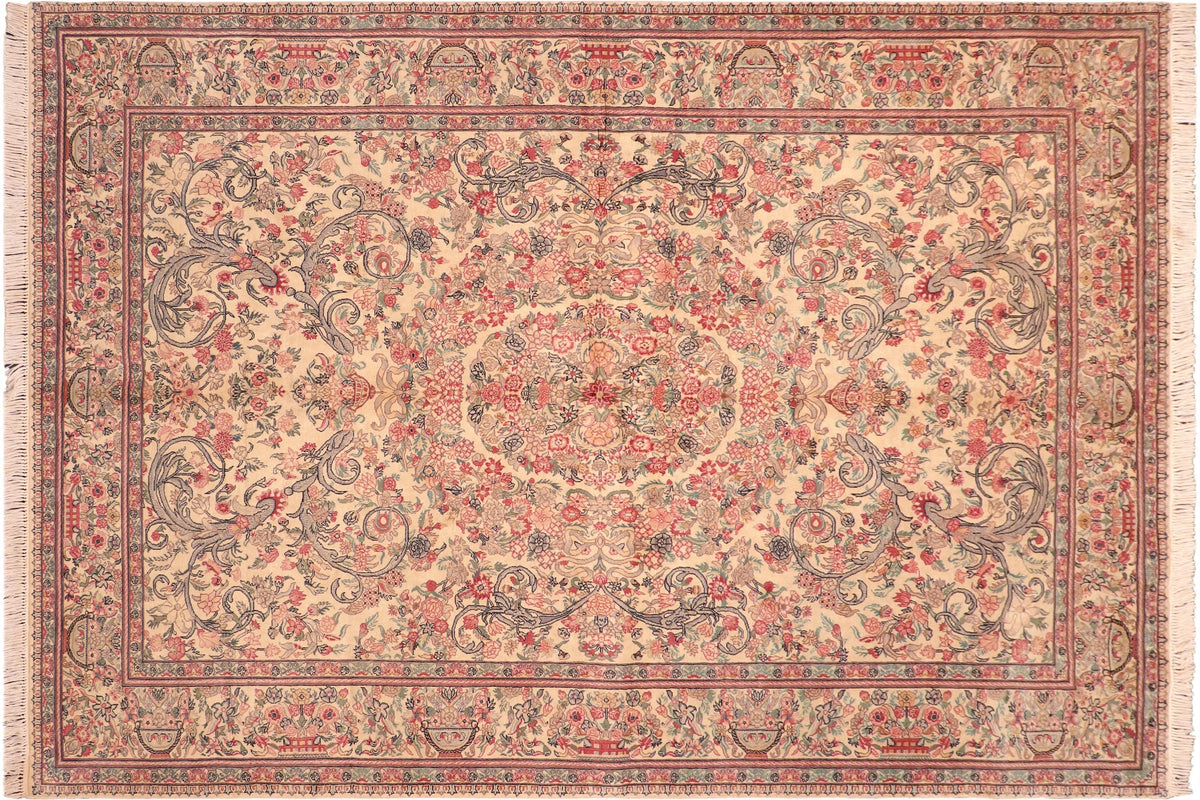 handmade Traditional Tamour Ivory Pink Hand Knotted RECTANGLE 100% WOOL area rug 6x9