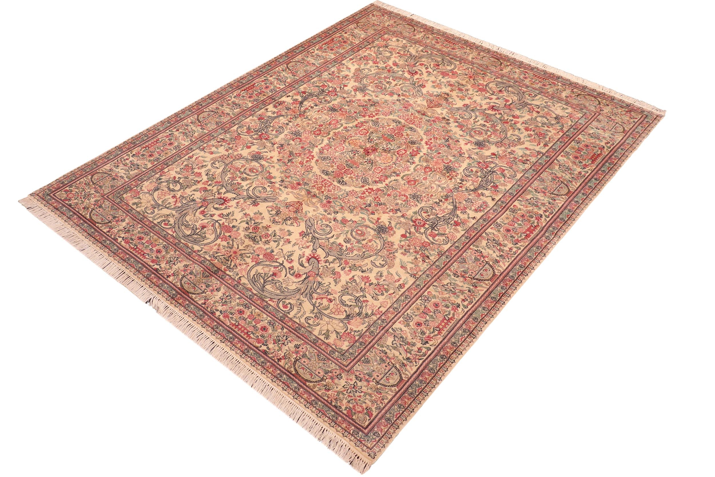 handmade Traditional Tamour Ivory Pink Hand Knotted RECTANGLE 100% WOOL area rug 6x9